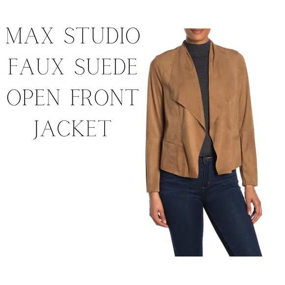 Max Studio Women Long Sleeve Faux Suede Open Front Drape Collar Tan Jacket - M - Picture 4 of 4
